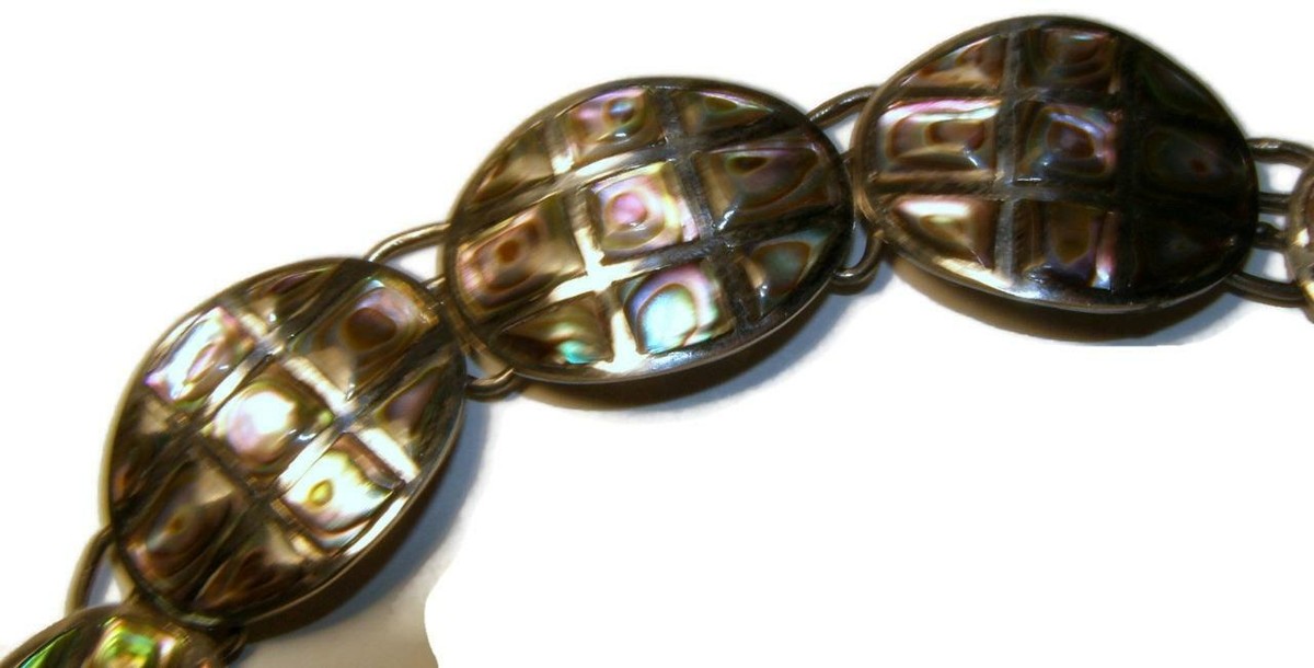 Taxco Mexico Sterling Silver Inlaid Abalone Oval Link Bracelet