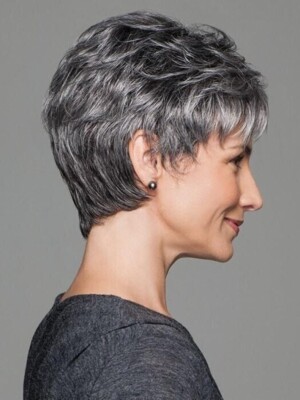 Pixie Cut Wigs Short Grey Silver Wigs with Bangs Natural Layered Hair for Women