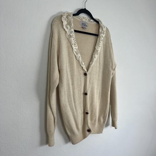 Fashion Crossroads knit Cardigan Sweater Vintage Button Down Cream Lace Collar - Picture 7 of 10