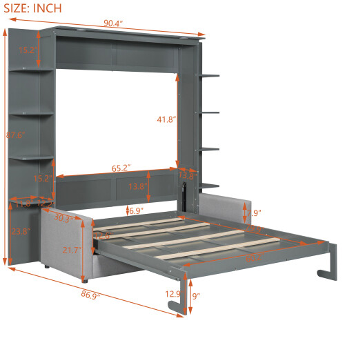 Queen Size Murphy Bed Wall Bed with Sofa Shelves and LED Lights Wood Hidden Beds - Picture 3 of 44