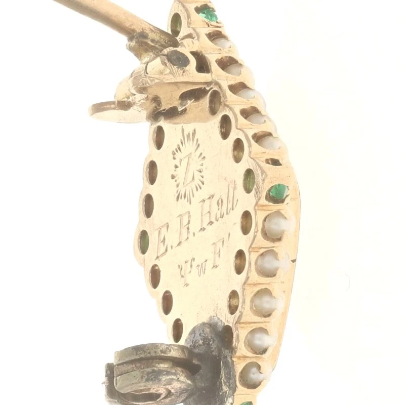 Antigua insignia de fraternidad Psi Upsilon - prendedor de esmeraldas y perlas de semillas de oro de 14 k 1898 Foto 4 de 4