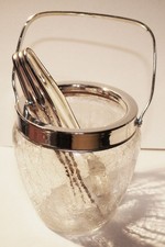 BMF Eiseimer Glas Craquele mit Eiszange, versilbert, vintage, ca.1950er/1960er