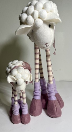 2 Easter Lamb Decorations Cotton ball Sheep Mother & Baby White Plush Adorable