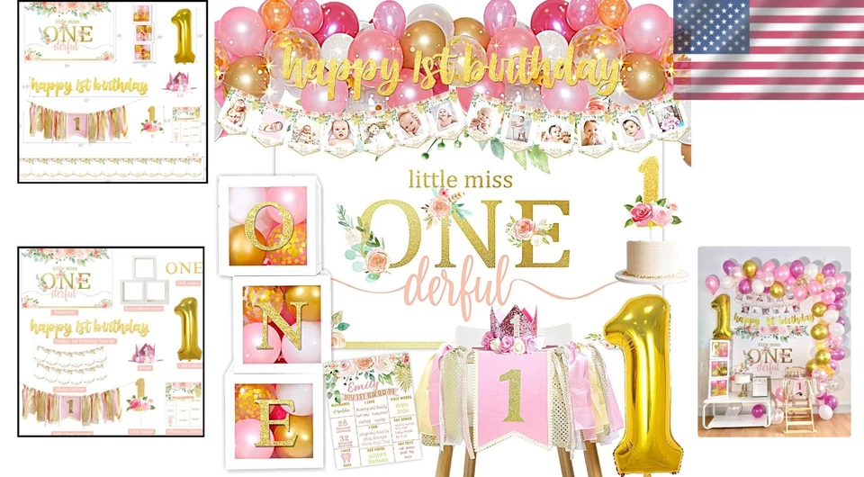 Encantador Juego de Decoraciones de 1er Cumpleaños para Niñas - Opciones Personalizables Foto 2 de 4