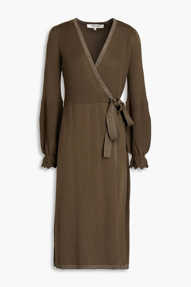 VESTIDO ENVOLVENTE MIDI DE PUNTO ACANALADO POLA TALLA M DIANE VON FURSTENBERG VERDE MILITAR Lana Foto 2 de 4