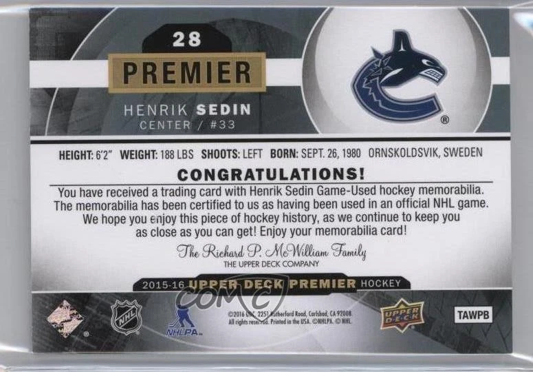 2015-16 Upper Deck Premier Patch Gold Spectrum /25 Henrik Sedin #28 Patch HOF - Image 2 of 2