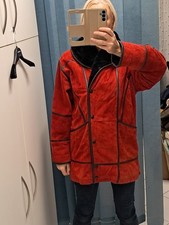 Veste Manteau Pardessus rouge vif noir en Cuir Daim Véritable Vintage Classique