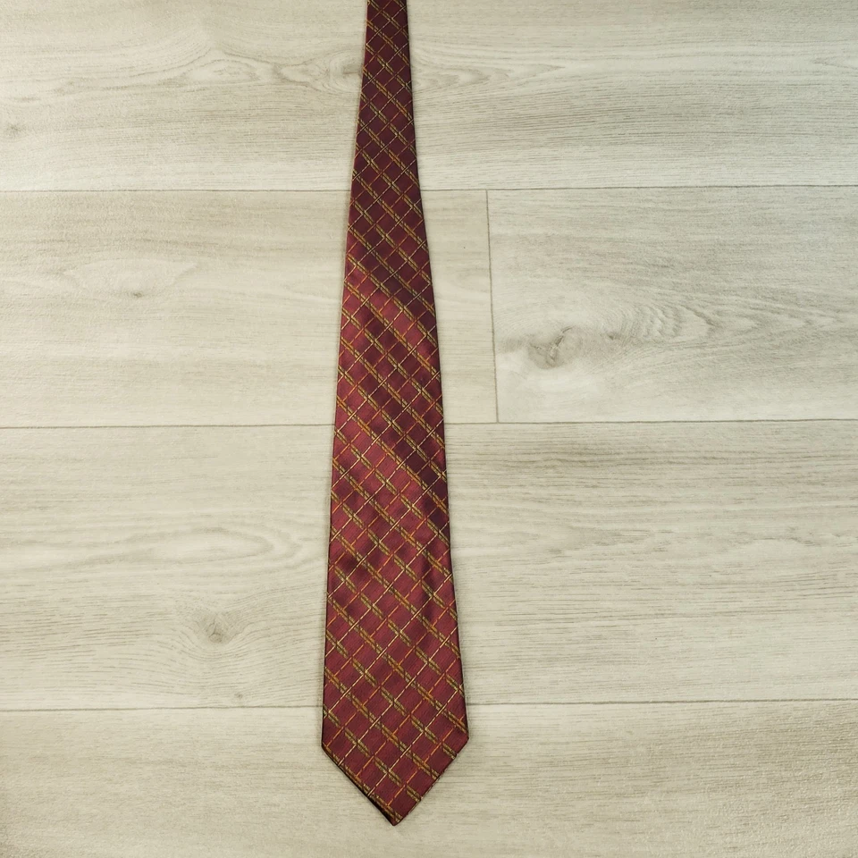 Corbata de diseñador Canali vintage para hombre roja dorada verde multicolor seda a cuadros Italia Foto 2 de 4