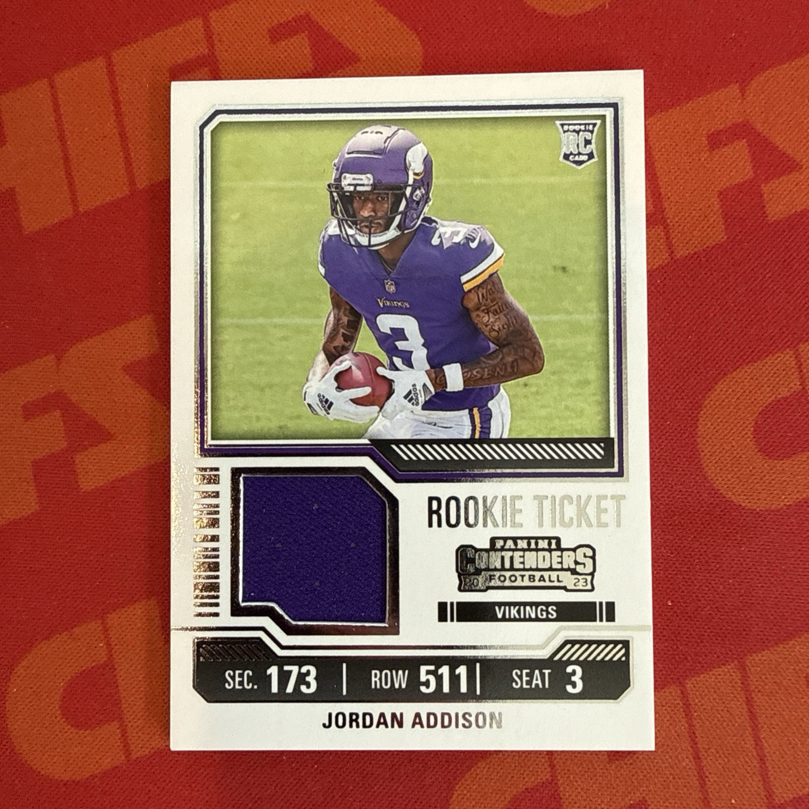 2023 Panini Contenders - Rookie Ticket Swatches Jordan Addison MEM RC Vikings