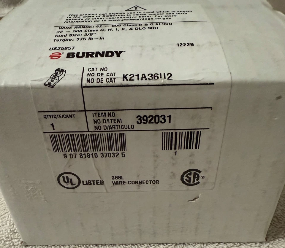 BURNDY K21A36U2 Mech Lug Aluminum 3/8”Hex 2 Hole #2 600-Kcmil - Image 2 of 4