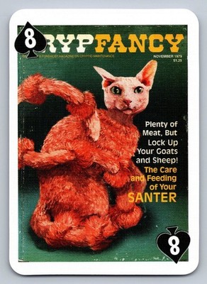 Cryptid Playing~Trading Card  ''Santer'' as a red, bald cat 9 knots in its tail