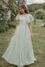 Azazie Flutter Sleeve Chiffon Empire Waist Maxi Dress Size A8 Gown Wedding