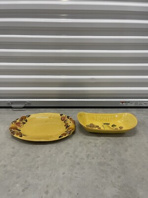 Set 2 Vintage Amber Glass Bread Rolls Buns Serving Platter Mid Century, Decor