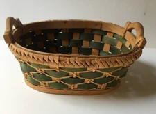 Woven Basket Biscuit Fruit Green Wooden Bottom Two Handles Oblong Vintage 12x 9"