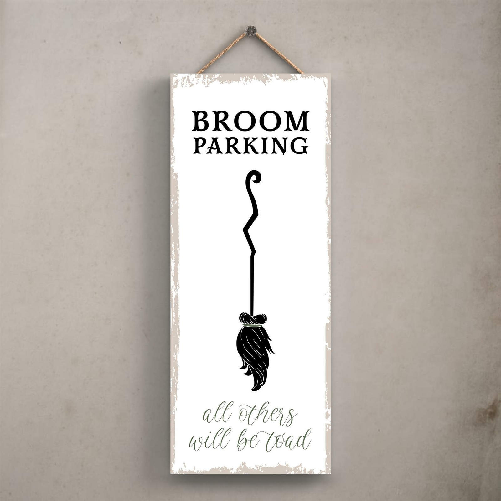 BROOM PARKING RECTANGLE WITCHCRAFT THEMED HALLOWEEN WOODEN HANGING PLAQUE