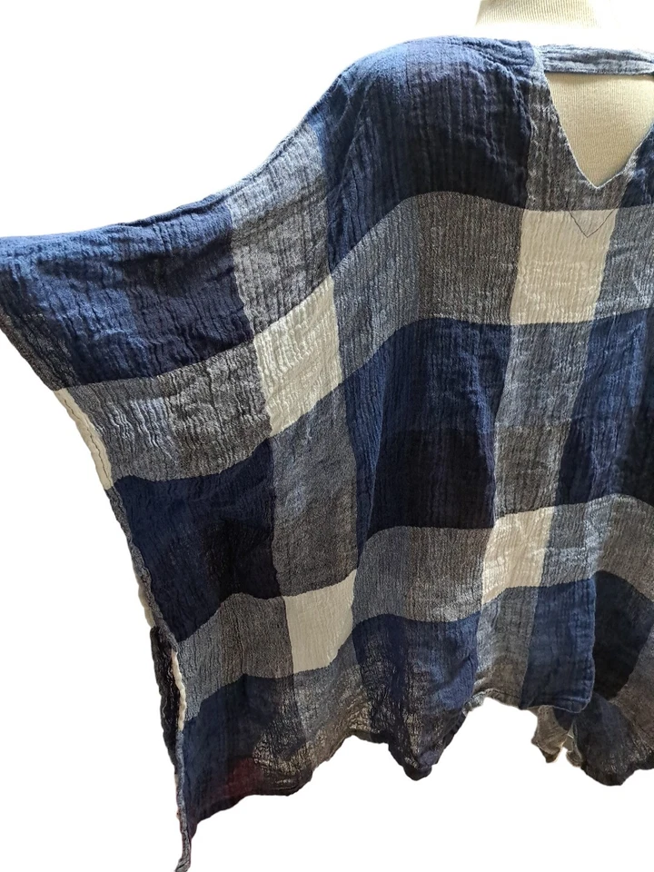 Top túnica de lino a cuadros azul marino de la colección IC Connie K para mujer talla XL Foto 3 de 4