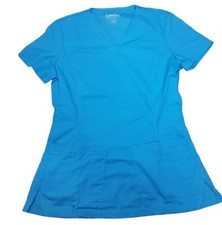 Landau Women's Light Blue 4-Pocket V-Neck Classic Fit Solid Scrub Top  XSM 