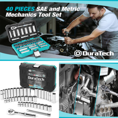 DURATECH 3/8'' Drive Socket Set 40 PCS Tool Set Standard (SAE)&Metric Sockets