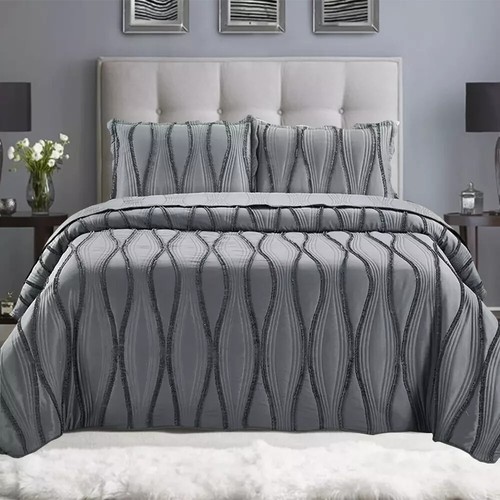 3 Piece Emboss Bedspread Quilted Comforter Bedding Set Bed Throw Reversible - Picture 8 of 30