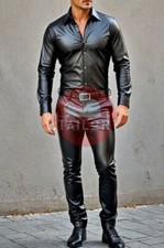 Men's Genuine Real Black Leather Lambskin Leather Pant And Shirt Causal Dress