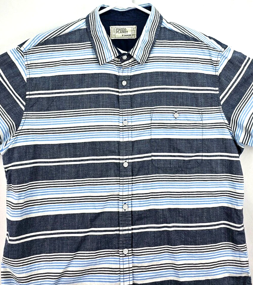 Free Planet Men's Shirt Size XLarge Short Sleeve Button White/Gray/Blue Striped - Image 3 of 4