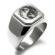 Stainless Steel Dragon Yin Yang Symbol Mens Square Biker Style Signet Ring