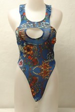 New Blue Jewelry Pattern Thong Leotard with Neck Strap for Women size 10 Small