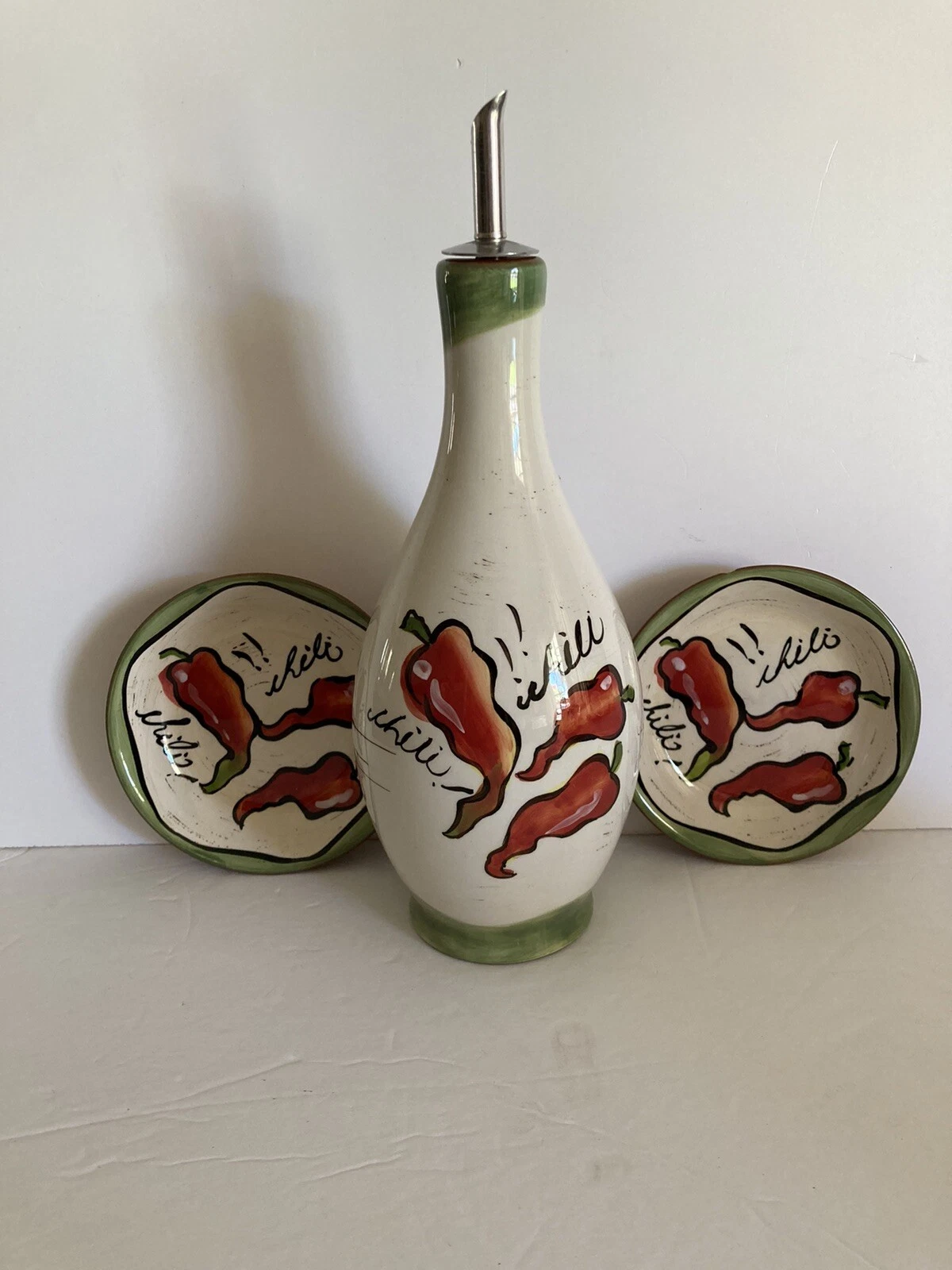 Chili Pepper Ceramic Oil & Vinegar Bottle Two plates