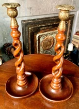 Set of 2 Barley Twist Loop Oak Wood Candle Holder Open Design Thistletop Top