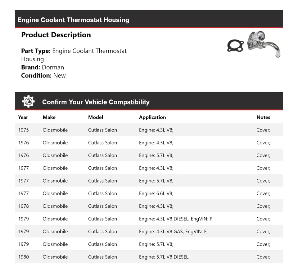 Carcasa termostato refrigerante motor Dorman salón Oldsmobile Cutlass 1975-1980 Foto 2 de 4