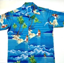 VINTAGE MADE IN HAWAII Camp Shirt Hawaiian Aloha Tropical Resort Men Sailboat SM