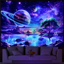 Blacklight UV Reactive Tapestry Trippy Neon Wall Hanging Glow in Dark Art Decor