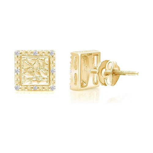 Aretes de pepita cuadrada con tornillos de diamantes redondos naturales de oro amarillo de 10 quilates Foto 3 de 4