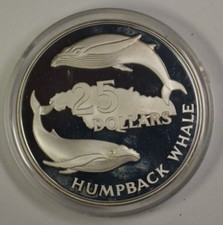 1985 Jamaica $25 Humpback Whale Silver Proof Coin 2100 Grains of .925 Sterling