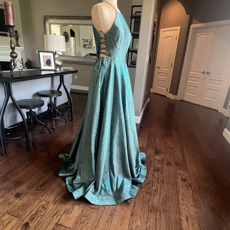 Juliet Formal Gown Size XXL Prom HOCO Dress Teal Sparkle Lace Up Sides High Neck — 第 4/4 张图片