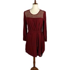 Gap Maroon Red Long Sleeve Dress Belted Lace Yoke Pockets Lined Womens Size XS
