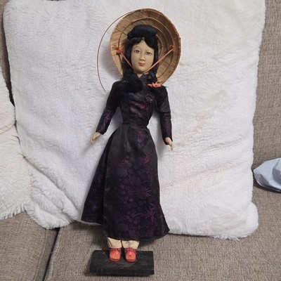 Handmade Asian Ethnic Doll in Traditional Dress with Conical Hat and Stand