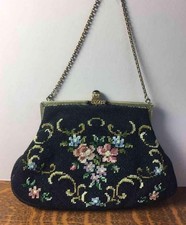 Vintage Tapestry Needlepoint Purse Floral Design Chain Handle Mirror Insert