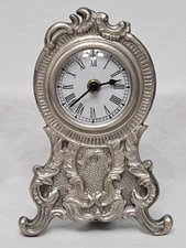 Vintage Pewter Clock for Table, Shelf, Mantel Ornate Leaf Keeps Perfect Time!