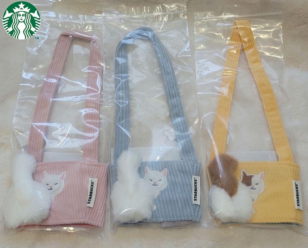STARBUCKS Taiwan Drink Holder Cat Design 3-Color Set Pink Blue