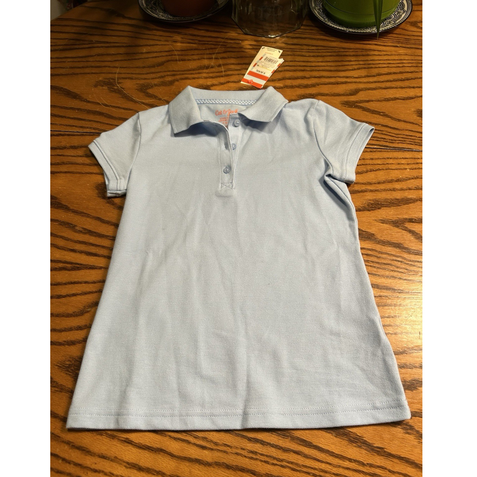 Cat & Jack Girls Light Blue Solid Knit Collared Button Polo Shirt S (6/6X)