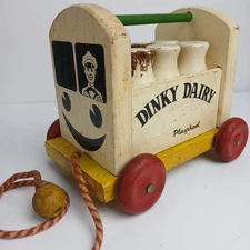 Vintage Playskool Dinky Dairy Wood Wagon Pull Toy w 5 White Milk Bottles
