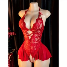 Floral Lace Plunging Teddy, Cut Out Backless Open Crotch Thong Bodysuit, Women's