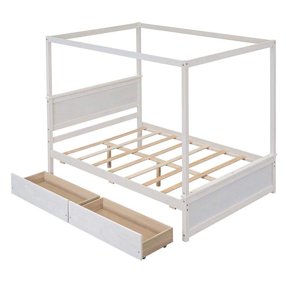 Wood Canopy Bed with two Drawers, Full Size Canopy Platform bed With Support Sla - Image 3 of 4