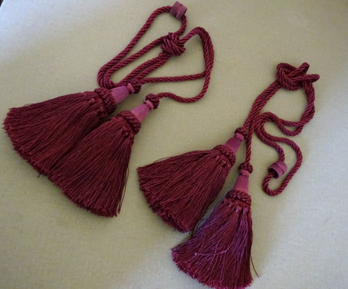 SET OF 2 VINTAGE 74" MAROON DRAPERY TIEBACKS TWISTED CORD W/ DOUBLE 9" TASSELS