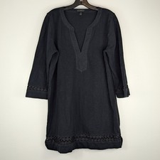 J. Crew Cotton Tunic Shift Dress Sz Large Crochet Trim V-Neck 3/4 Sleeve Black