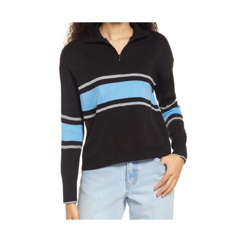 Suéter BP Cuello Simulado 1/4 Cremallera Negro Azul Rayas Desegulares Para Mujer Talla Mediana Nuevo - Imagen 2 de 12