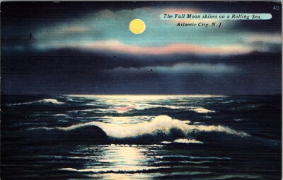 Full Moon Light & Rolling Ocean Scene Atlantic City New Jersey  Linen Post Card
