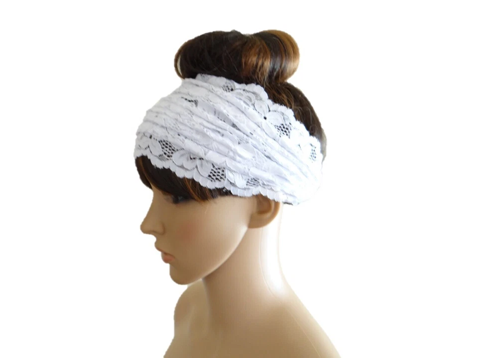Envoltório de cabeça branca. Faixa de cabeça de renda. Faixa de cabelo larga. Envoltório elástico para cabelo. Peça de cabelo. - Imagem 2 de 2