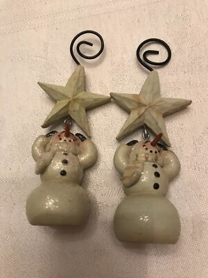 Vintage Snowmen With A Star And Spiral Metal Hanger Wearing Mittens and Scarf